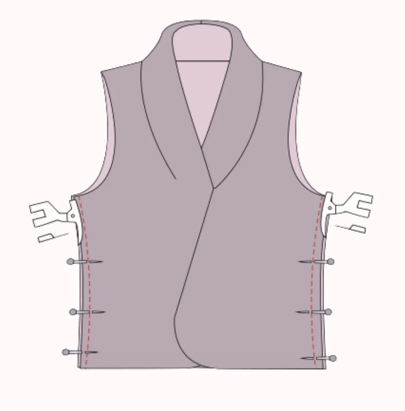 2D sewing illustration — attaching the shawl collar and joining side seams on the LU2COHOUSE Blossom Quilted Vest sewing pattern